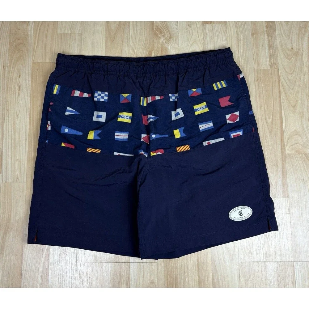 Vintage 90s Flags Graphic Swim Trunks / Shorts / Navy / Size Medium